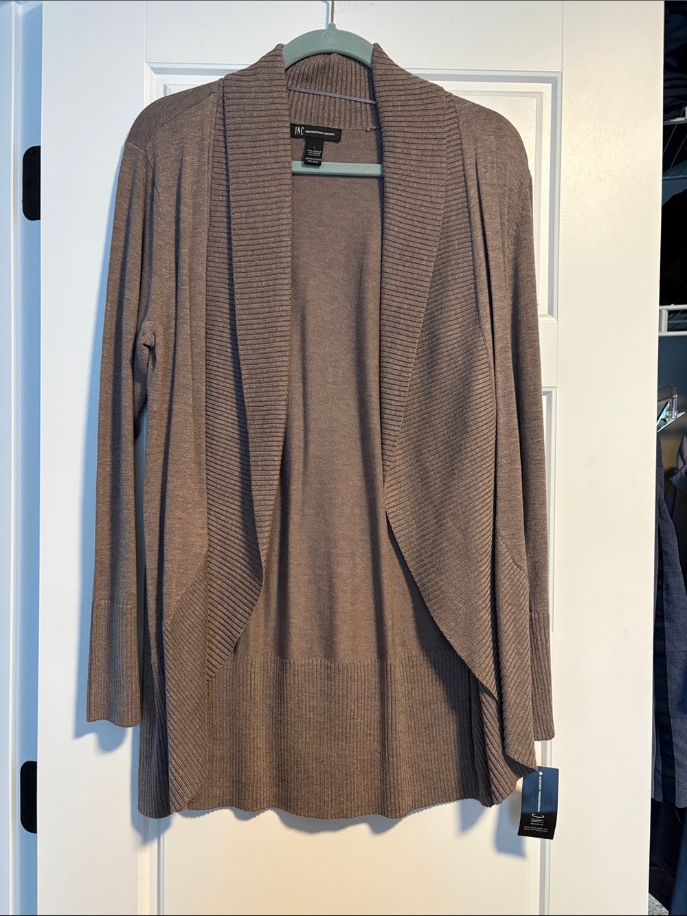INC International Concepts Taupe Ribbed Drape Open-Front Cardigan